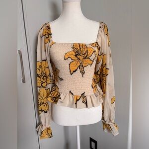 Hutch Cream and Yellow Puff Sleeve Smocked Blouse